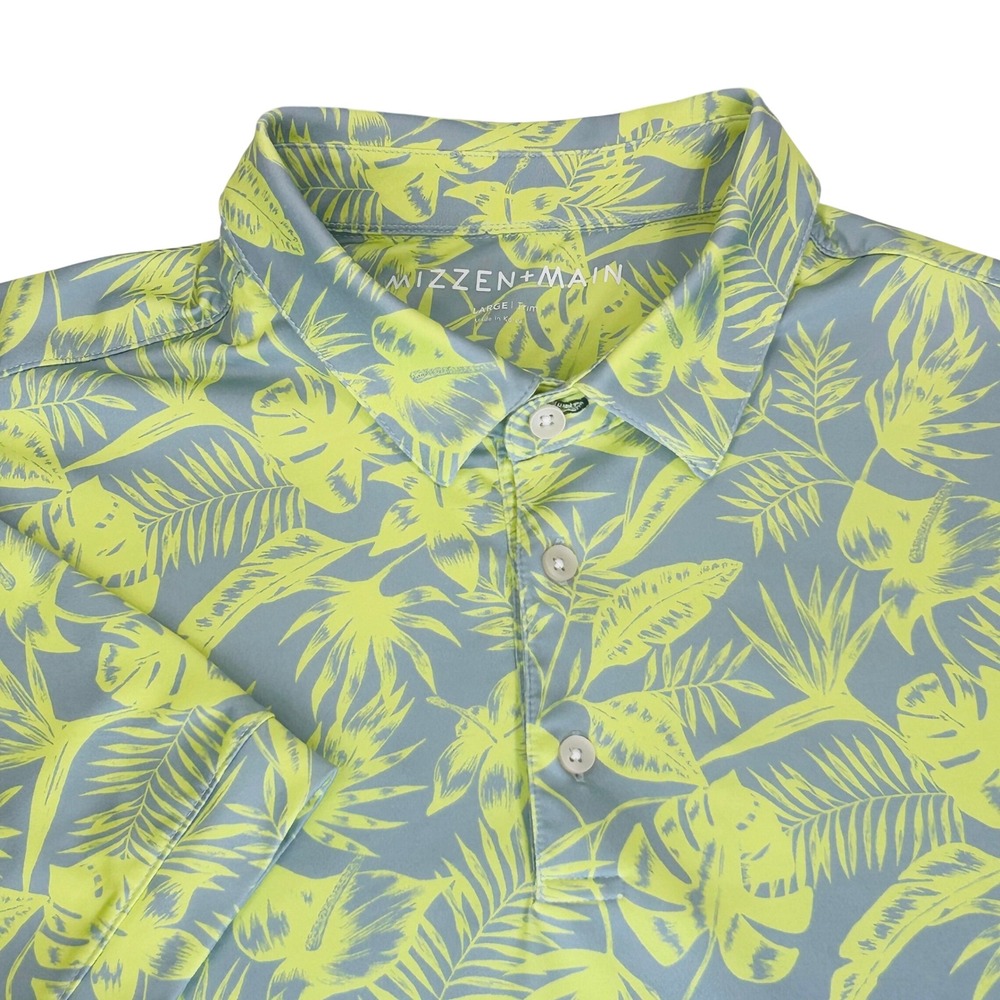 Mizzen+Main Performance Polo Shirt Mens L Yellow Gray Tropical Palm Leaf Golf